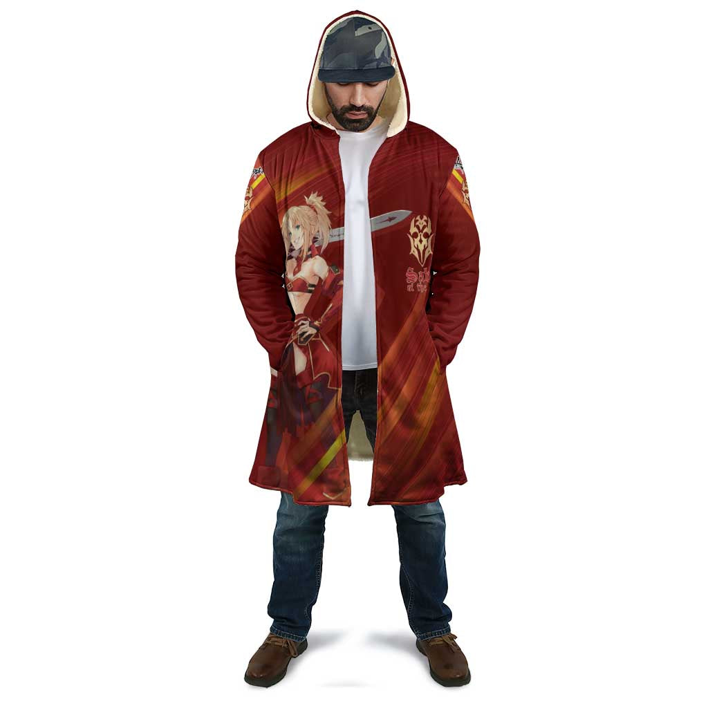 Saber of Red Fate Apocrypha Theme Cloak with Sword Pose and Fiery Red Gradient Graphic Design - The Mazicc
