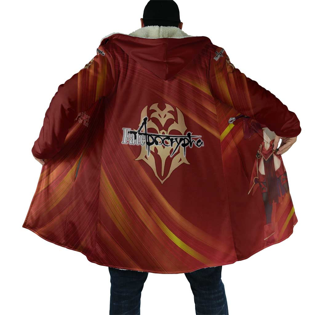 Saber of Red Fate Apocrypha Theme Cloak with Sword Pose and Fiery Red Gradient Graphic Design - The Mazicc