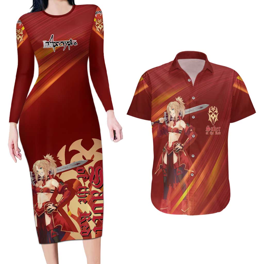 Saber of Red Fate Apocrypha Theme Couples Matching Long Sleeve Bodycon Dress and Hawaiian Shirt with Sword Pose and Fiery Red Gradient Graphic Design - The Mazicc