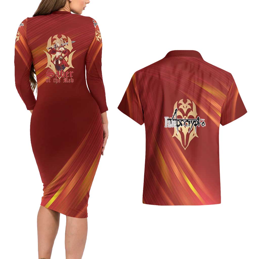 Saber of Red Fate Apocrypha Theme Couples Matching Long Sleeve Bodycon Dress and Hawaiian Shirt with Sword Pose and Fiery Red Gradient Graphic Design - The Mazicc