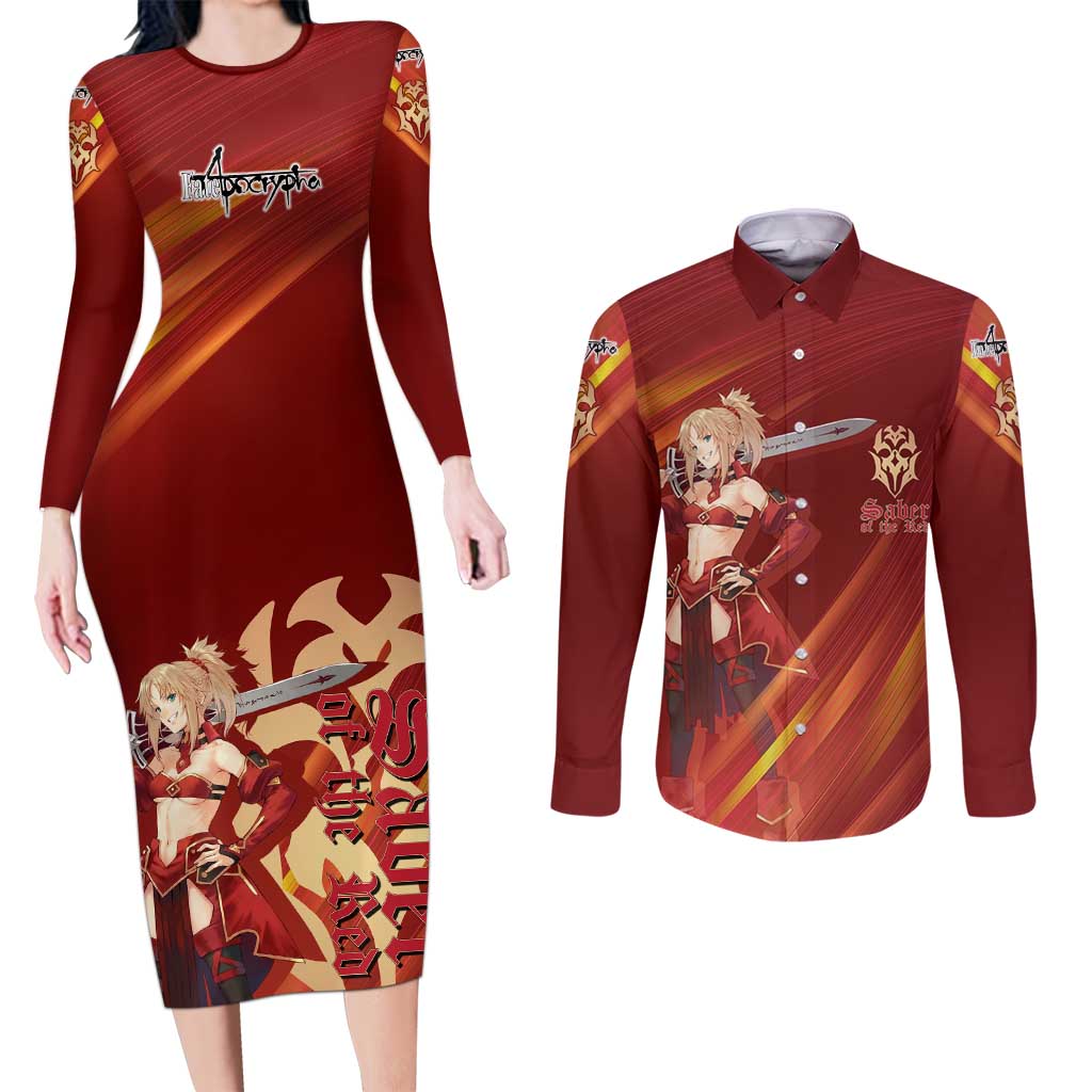 Saber of Red Fate Apocrypha Theme Couples Matching Long Sleeve Bodycon Dress and Long Sleeve Button Shirt with Sword Pose and Fiery Red Gradient Graphic Design - The Mazicc
