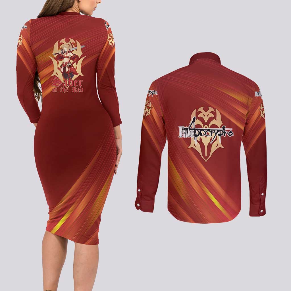 Saber of Red Fate Apocrypha Theme Couples Matching Long Sleeve Bodycon Dress and Long Sleeve Button Shirt with Sword Pose and Fiery Red Gradient Graphic Design - The Mazicc