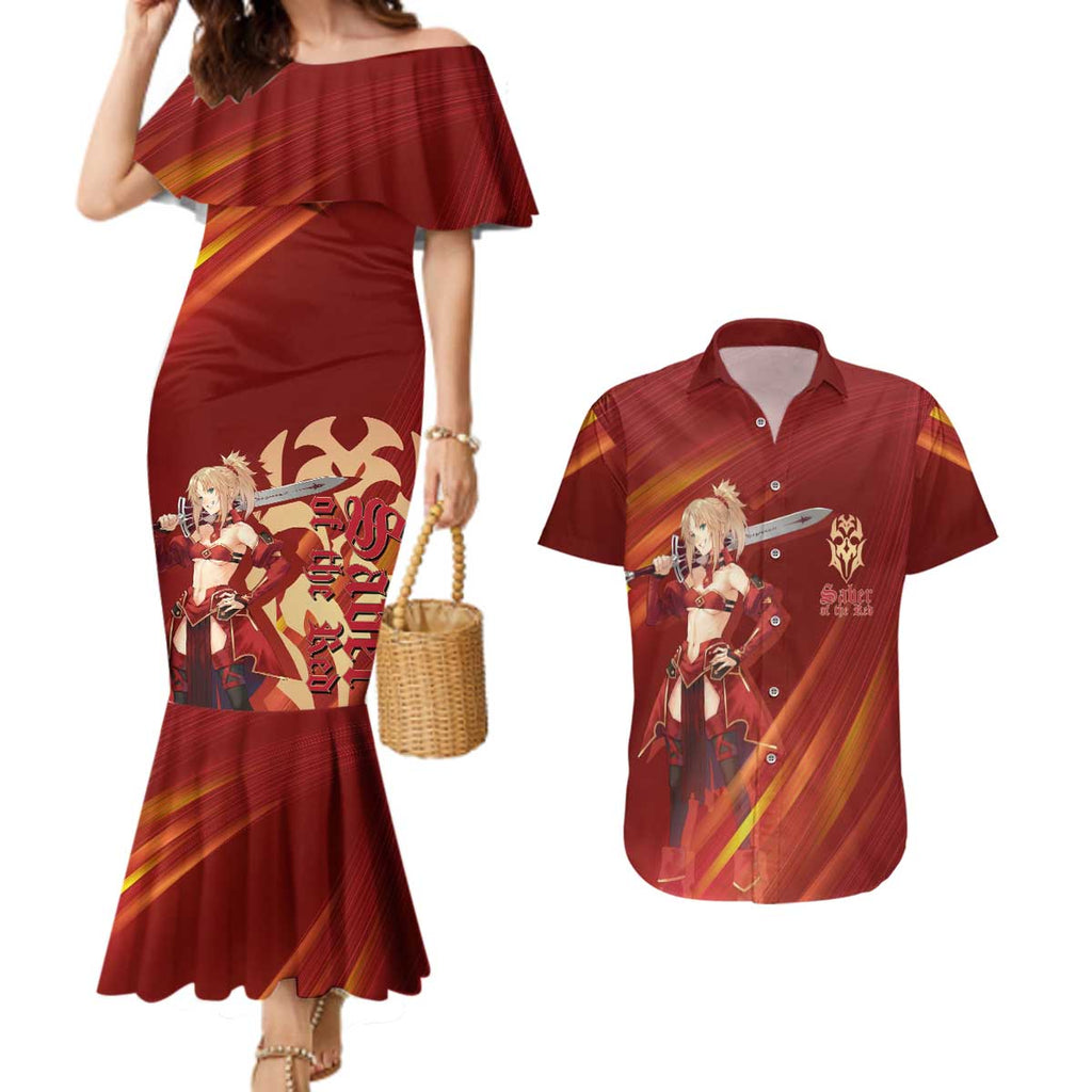 Saber of Red Fate Apocrypha Theme Couples Matching Mermaid Dress and Hawaiian Shirt with Sword Pose and Fiery Red Gradient Graphic Design - The Mazicc
