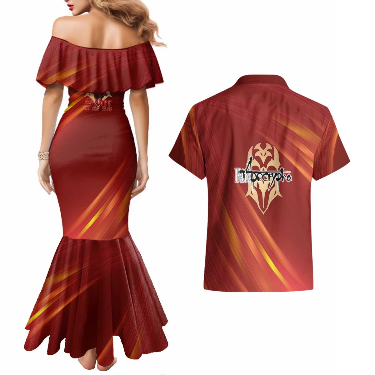 Saber of Red Fate Apocrypha Theme Couples Matching Mermaid Dress and Hawaiian Shirt with Sword Pose and Fiery Red Gradient Graphic Design - The Mazicc