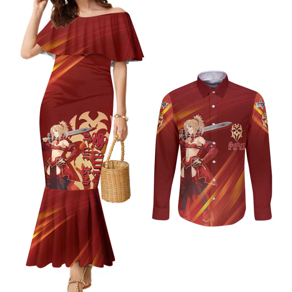 Saber of Red Fate Apocrypha Theme Couples Matching Mermaid Dress and Long Sleeve Button Shirt with Sword Pose and Fiery Red Gradient Graphic Design - The Mazicc