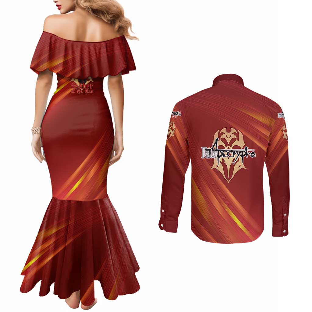 Saber of Red Fate Apocrypha Theme Couples Matching Mermaid Dress and Long Sleeve Button Shirt with Sword Pose and Fiery Red Gradient Graphic Design - The Mazicc