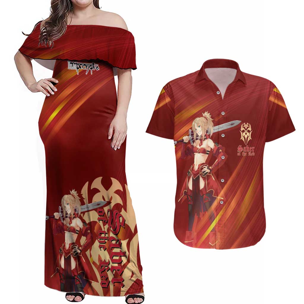 Saber of Red Fate Apocrypha Theme Couples Matching Off Shoulder Maxi Dress and Hawaiian Shirt with Sword Pose and Fiery Red Gradient Graphic Design - The Mazicc