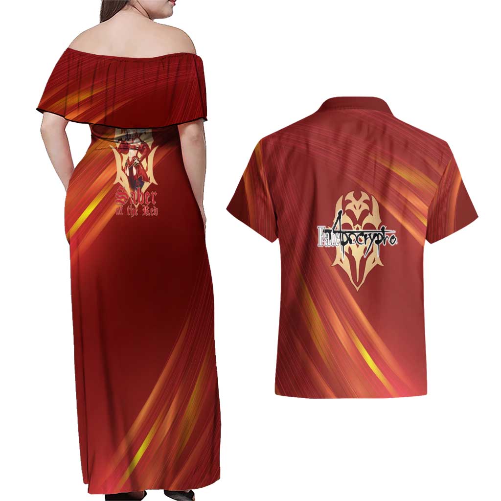 Saber of Red Fate Apocrypha Theme Couples Matching Off Shoulder Maxi Dress and Hawaiian Shirt with Sword Pose and Fiery Red Gradient Graphic Design - The Mazicc