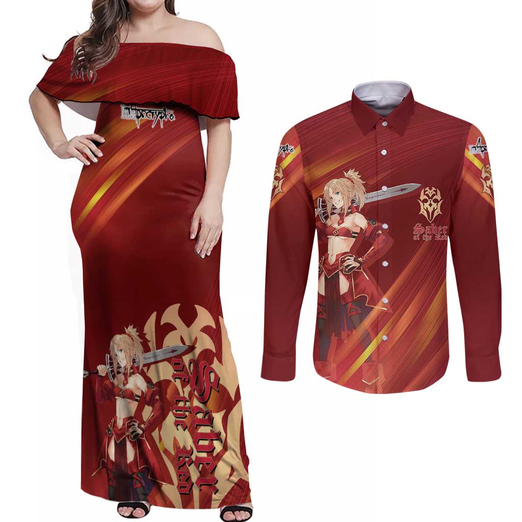 Saber of Red Fate Apocrypha Theme Couples Matching Off Shoulder Maxi Dress and Long Sleeve Button Shirt with Sword Pose and Fiery Red Gradient Graphic Design - The Mazicc