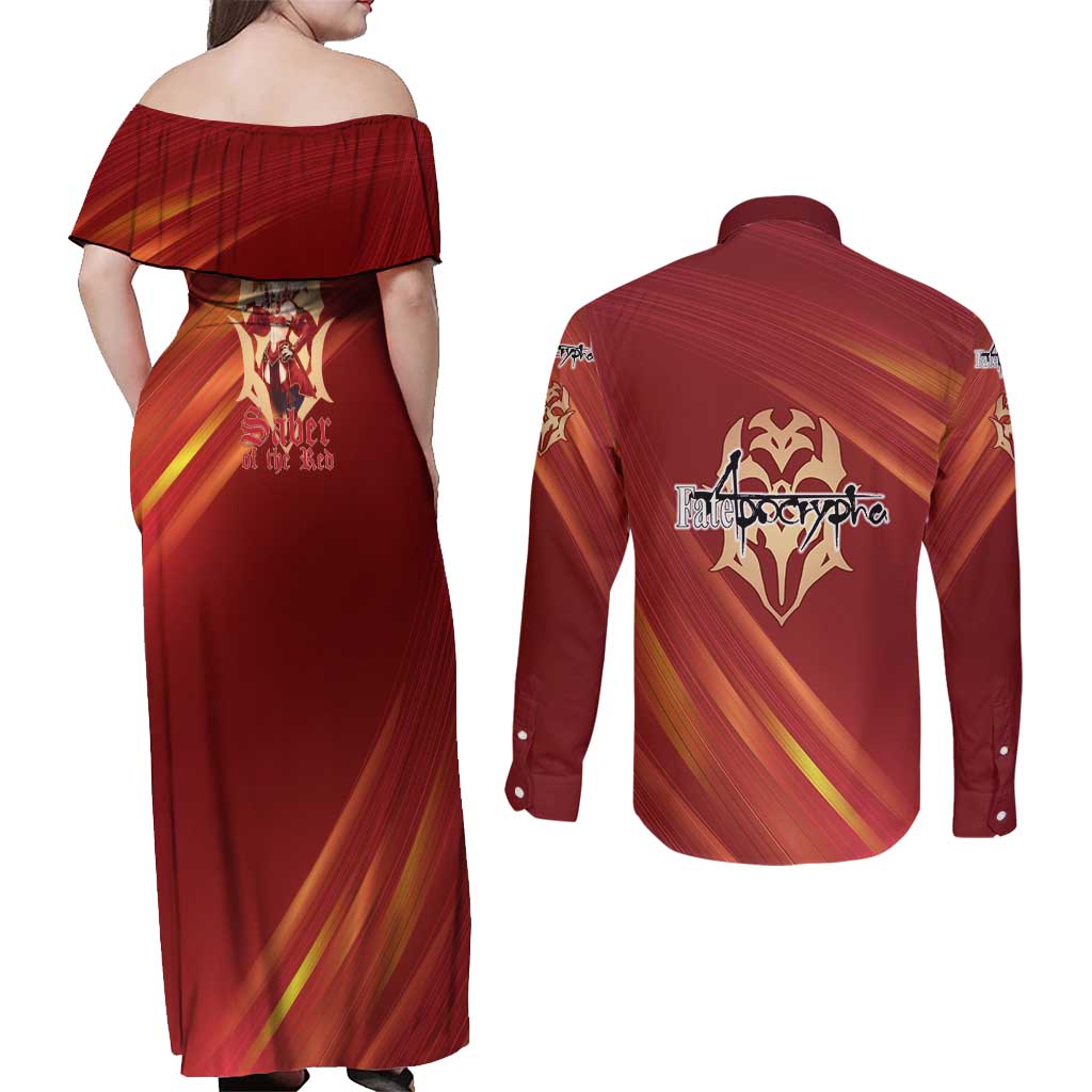 Saber of Red Fate Apocrypha Theme Couples Matching Off Shoulder Maxi Dress and Long Sleeve Button Shirt with Sword Pose and Fiery Red Gradient Graphic Design - The Mazicc