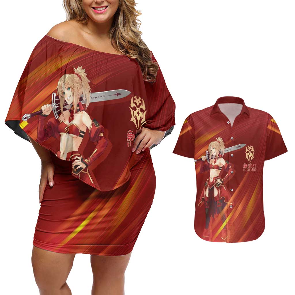 Saber of Red Fate Apocrypha Theme Couples Matching Off Shoulder Short Dress and Hawaiian Shirt with Sword Pose and Fiery Red Gradient Graphic Design - The Mazicc