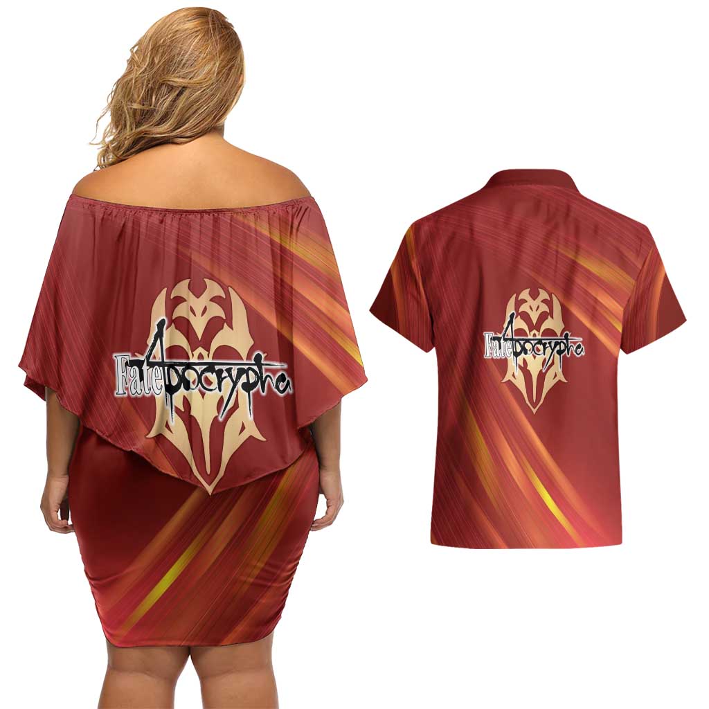 Saber of Red Fate Apocrypha Theme Couples Matching Off Shoulder Short Dress and Hawaiian Shirt with Sword Pose and Fiery Red Gradient Graphic Design - The Mazicc