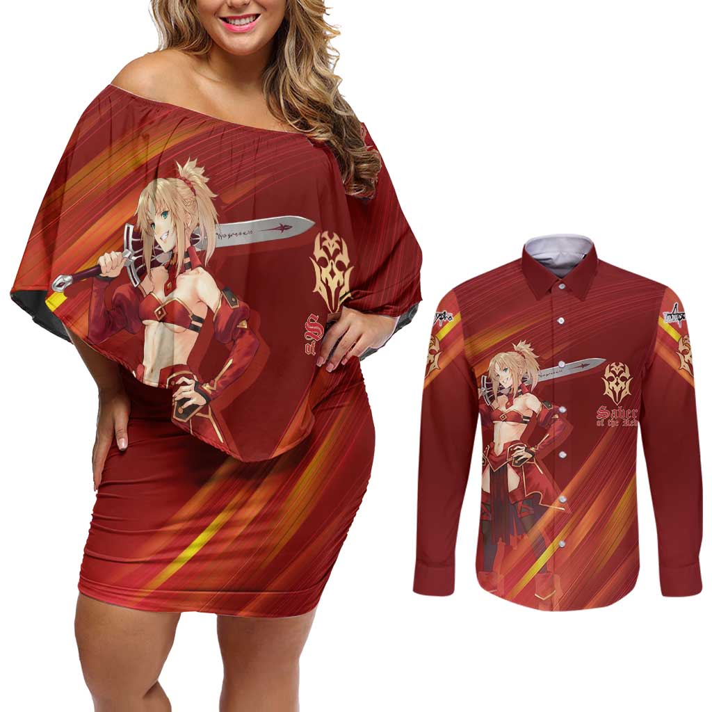 Saber of Red Fate Apocrypha Theme Couples Matching Off Shoulder Short Dress and Long Sleeve Button Shirt with Sword Pose and Fiery Red Gradient Graphic Design - The Mazicc
