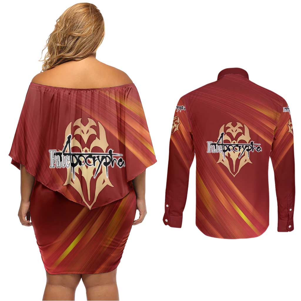 Saber of Red Fate Apocrypha Theme Couples Matching Off Shoulder Short Dress and Long Sleeve Button Shirt with Sword Pose and Fiery Red Gradient Graphic Design - The Mazicc