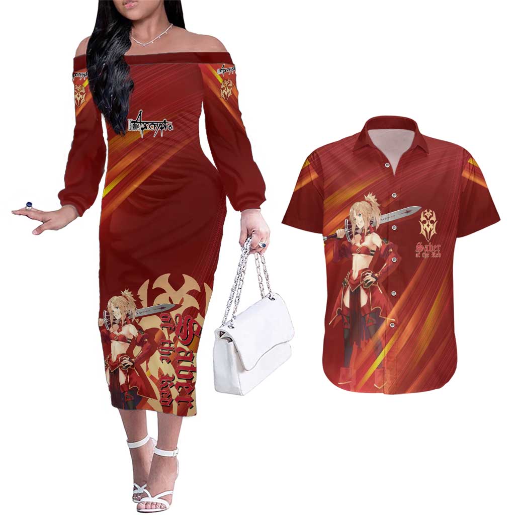 Saber of Red Fate Apocrypha Theme Couples Matching Off The Shoulder Long Sleeve Dress and Hawaiian Shirt with Sword Pose and Fiery Red Gradient Graphic Design - The Mazicc