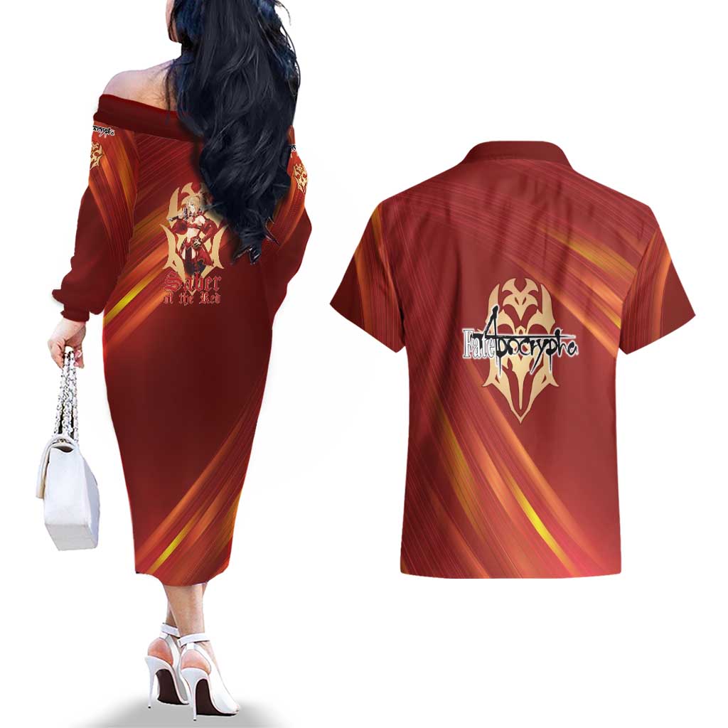 Saber of Red Fate Apocrypha Theme Couples Matching Off The Shoulder Long Sleeve Dress and Hawaiian Shirt with Sword Pose and Fiery Red Gradient Graphic Design - The Mazicc