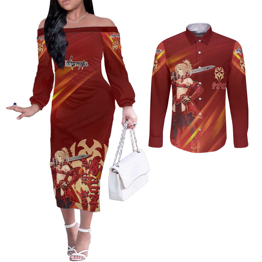 Saber of Red Fate Apocrypha Theme Couples Matching Off The Shoulder Long Sleeve Dress and Long Sleeve Button Shirt with Sword Pose and Fiery Red Gradient Graphic Design - The Mazicc