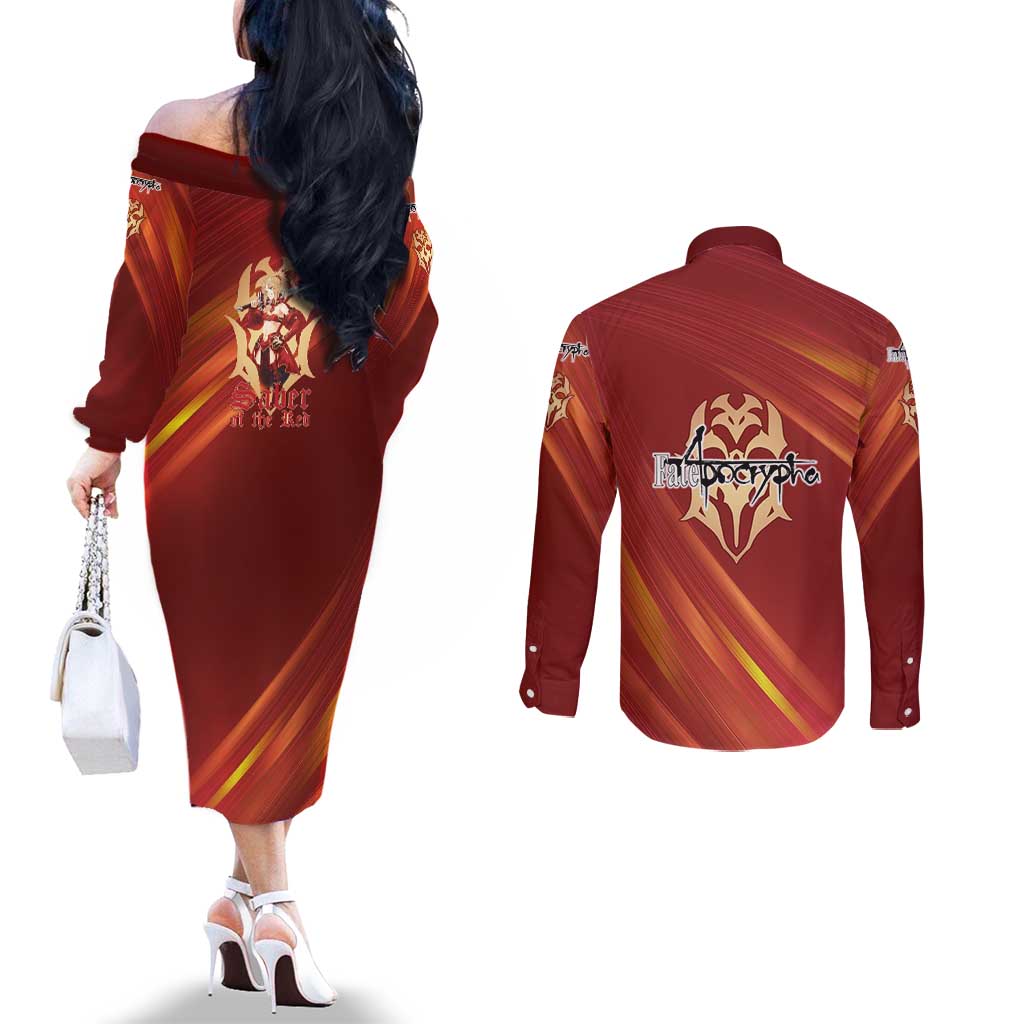 Saber of Red Fate Apocrypha Theme Couples Matching Off The Shoulder Long Sleeve Dress and Long Sleeve Button Shirt with Sword Pose and Fiery Red Gradient Graphic Design - The Mazicc