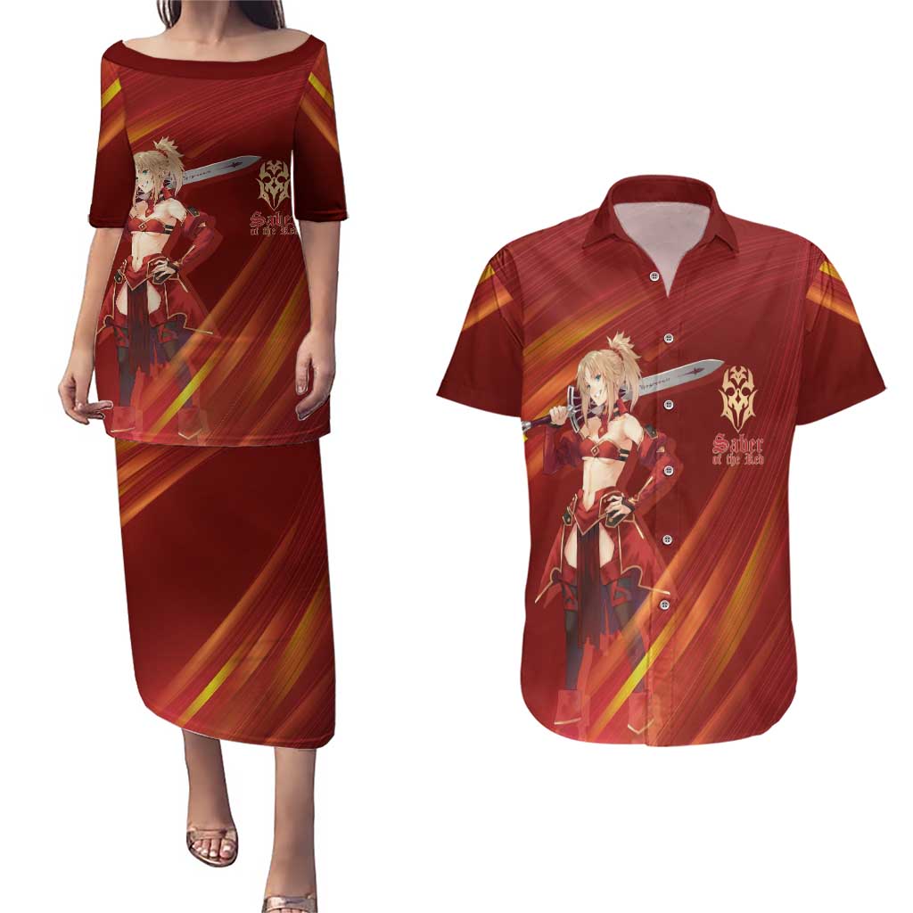 Saber of Red Fate Apocrypha Theme Couples Matching Puletasi and Hawaiian Shirt with Sword Pose and Fiery Red Gradient Graphic Design - The Mazicc