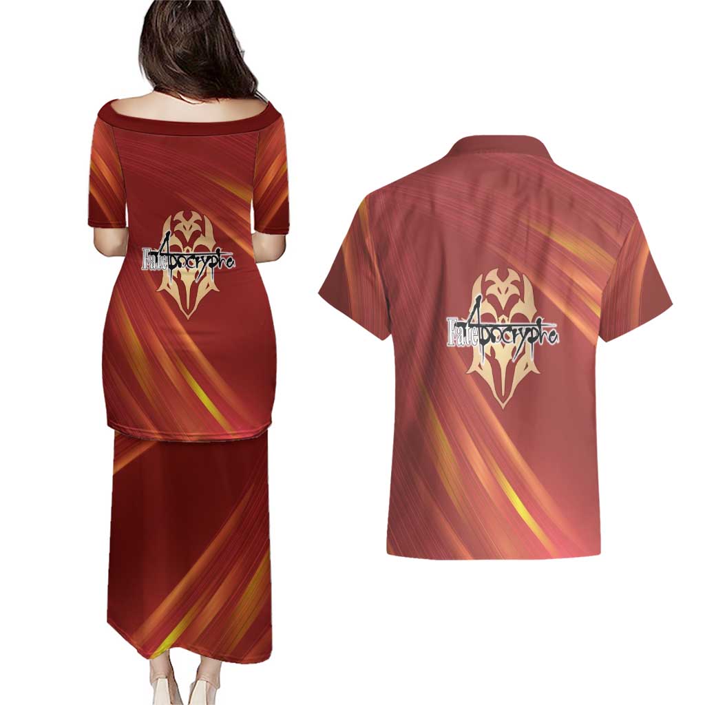 Saber of Red Fate Apocrypha Theme Couples Matching Puletasi and Hawaiian Shirt with Sword Pose and Fiery Red Gradient Graphic Design - The Mazicc