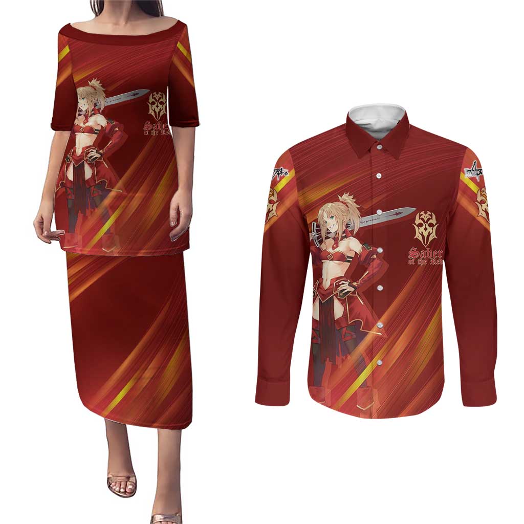 Saber of Red Fate Apocrypha Theme Couples Matching Puletasi and Long Sleeve Button Shirt with Sword Pose and Fiery Red Gradient Graphic Design - The Mazicc