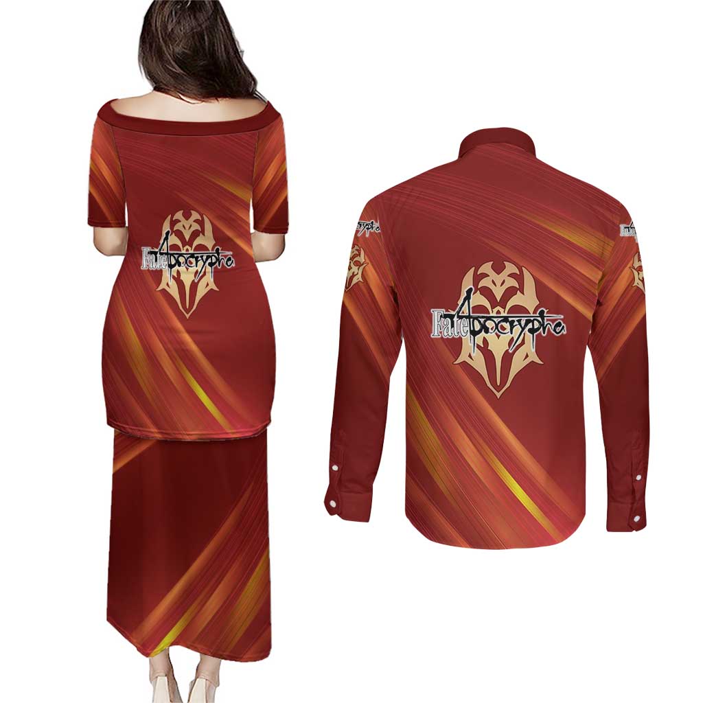 Saber of Red Fate Apocrypha Theme Couples Matching Puletasi and Long Sleeve Button Shirt with Sword Pose and Fiery Red Gradient Graphic Design - The Mazicc