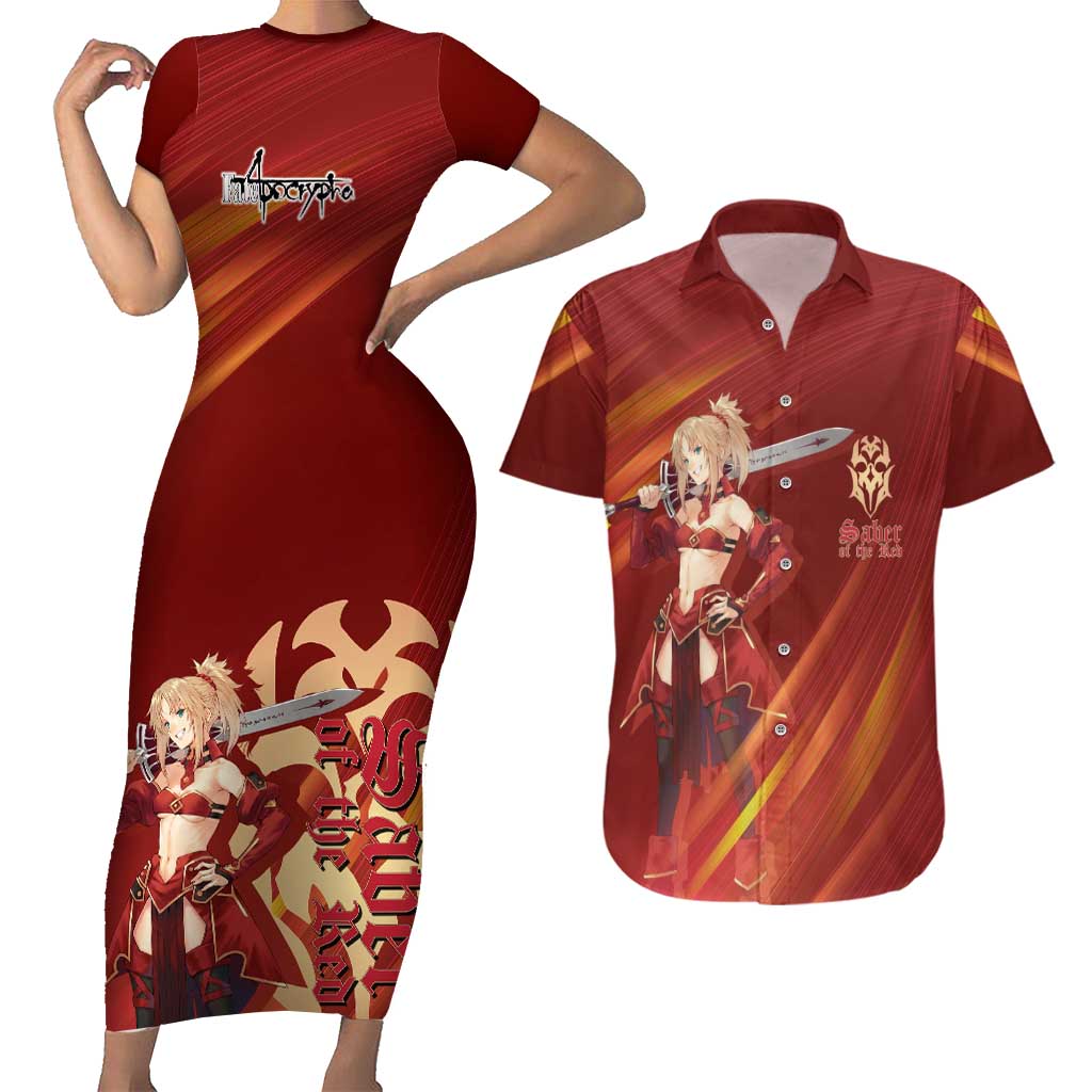 Saber of Red Fate Apocrypha Theme Couples Matching Short Sleeve Bodycon Dress and Hawaiian Shirt with Sword Pose and Fiery Red Gradient Graphic Design - The Mazicc
