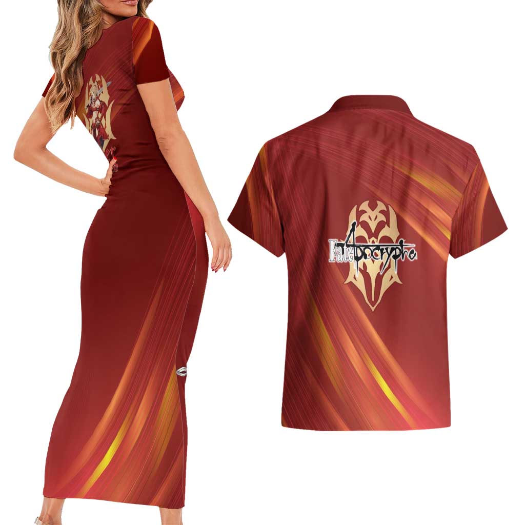 Saber of Red Fate Apocrypha Theme Couples Matching Short Sleeve Bodycon Dress and Hawaiian Shirt with Sword Pose and Fiery Red Gradient Graphic Design - The Mazicc