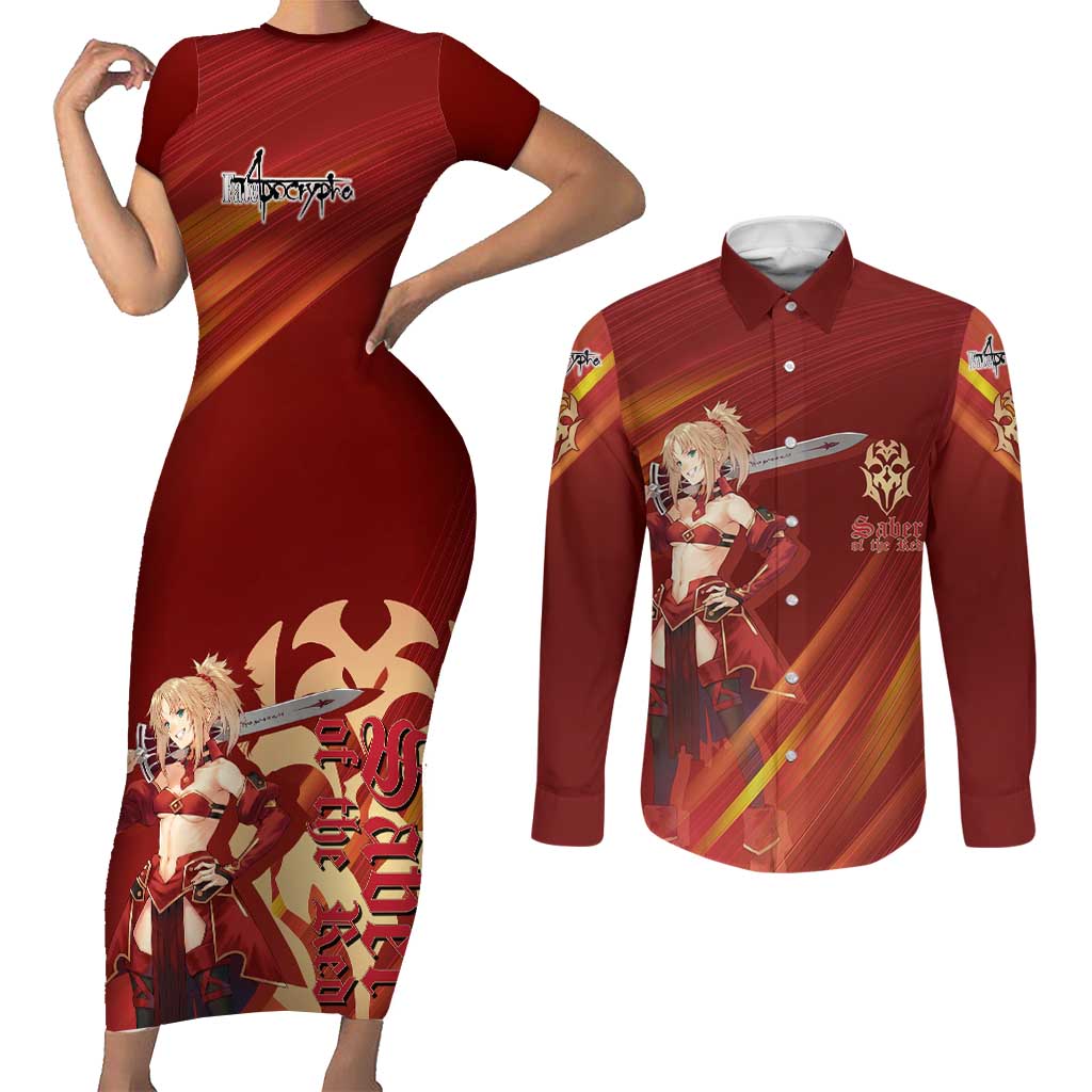 Saber of Red Fate Apocrypha Theme Couples Matching Short Sleeve Bodycon Dress and Long Sleeve Button Shirt with Sword Pose and Fiery Red Gradient Graphic Design - The Mazicc