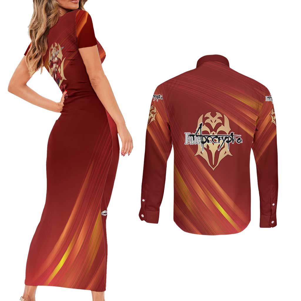 Saber of Red Fate Apocrypha Theme Couples Matching Short Sleeve Bodycon Dress and Long Sleeve Button Shirt with Sword Pose and Fiery Red Gradient Graphic Design - The Mazicc