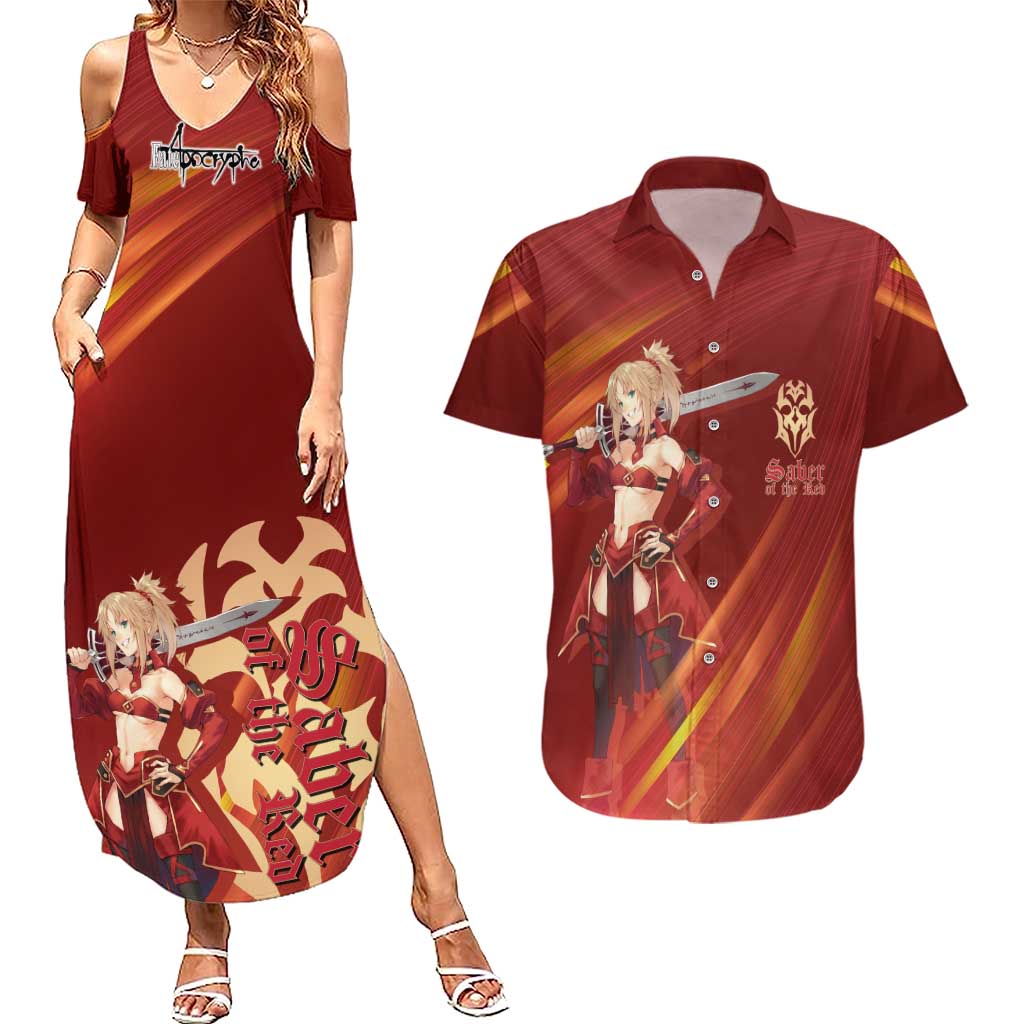 Saber of Red Fate Apocrypha Theme Couples Matching Summer Maxi Dress and Hawaiian Shirt with Sword Pose and Fiery Red Gradient Graphic Design - The Mazicc