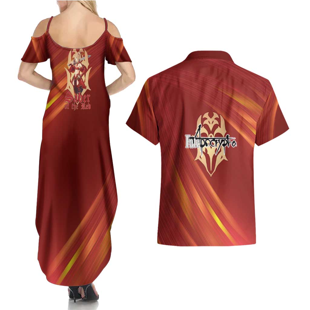 Saber of Red Fate Apocrypha Theme Couples Matching Summer Maxi Dress and Hawaiian Shirt with Sword Pose and Fiery Red Gradient Graphic Design - The Mazicc
