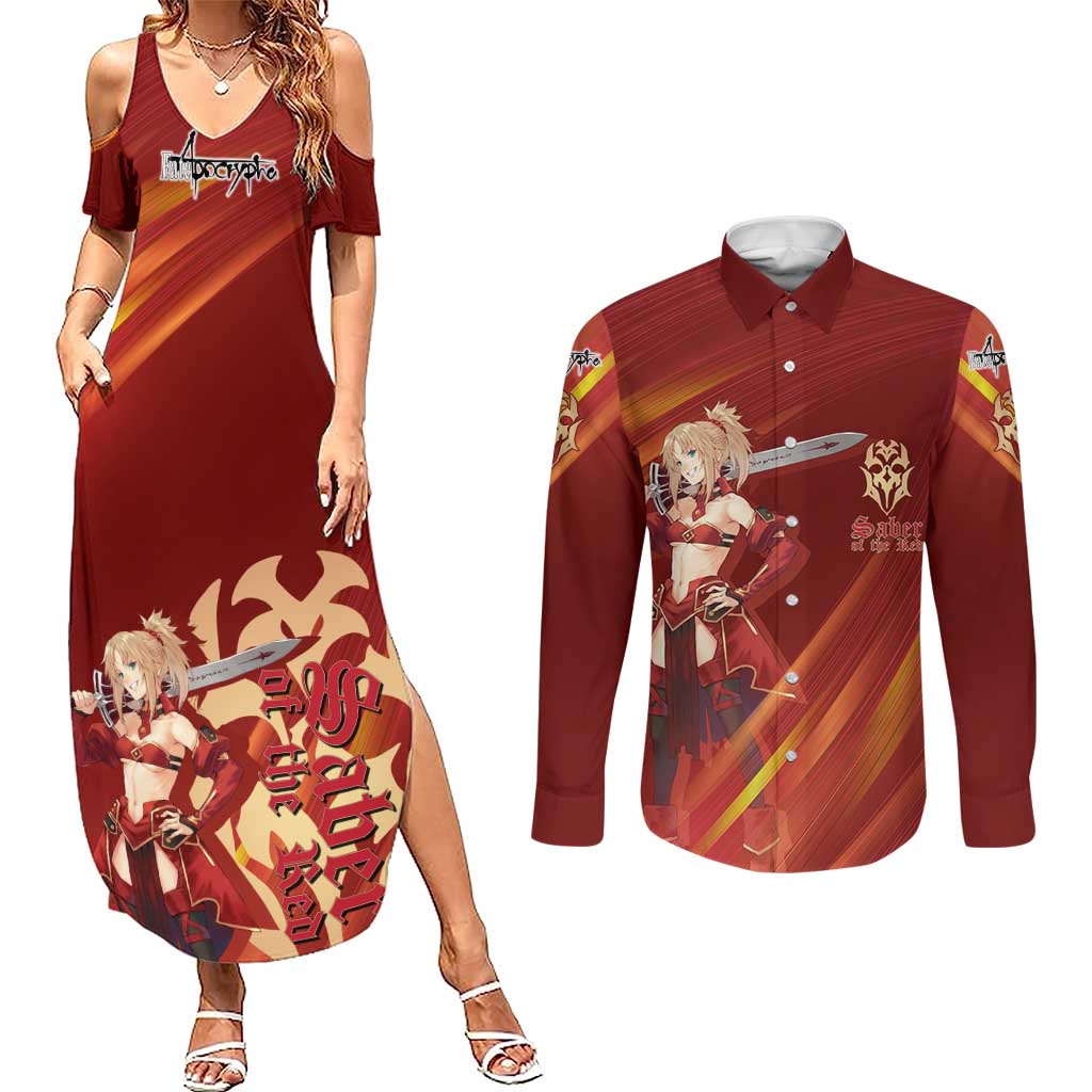 Saber of Red Fate Apocrypha Theme Couples Matching Summer Maxi Dress and Long Sleeve Button Shirt with Sword Pose and Fiery Red Gradient Graphic Design - The Mazicc