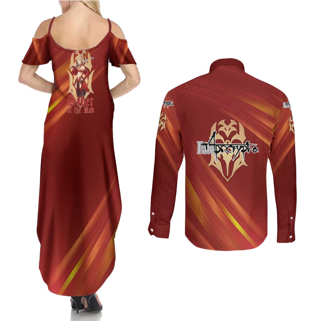 Saber of Red Fate Apocrypha Theme Couples Matching Summer Maxi Dress and Long Sleeve Button Shirt with Sword Pose and Fiery Red Gradient Graphic Design - The Mazicc