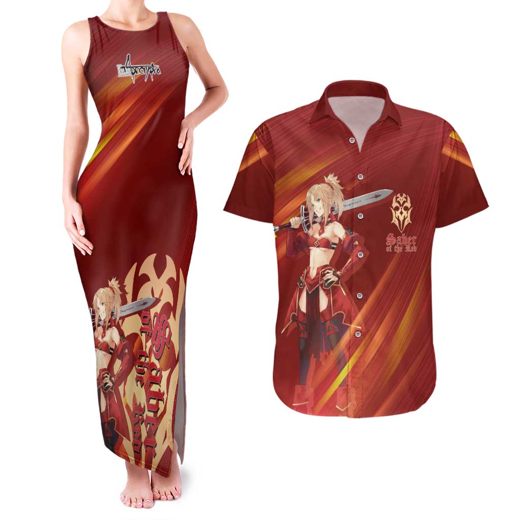 Saber of Red Fate Apocrypha Theme Couples Matching Tank Maxi Dress and Hawaiian Shirt with Sword Pose and Fiery Red Gradient Graphic Design - The Mazicc