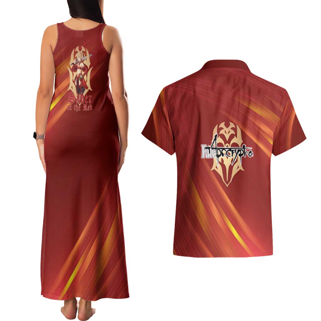 Saber of Red Fate Apocrypha Theme Couples Matching Tank Maxi Dress and Hawaiian Shirt with Sword Pose and Fiery Red Gradient Graphic Design - The Mazicc