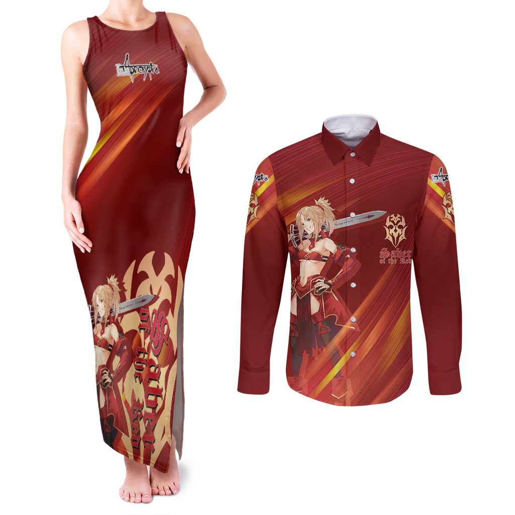 Saber of Red Fate Apocrypha Theme Couples Matching Tank Maxi Dress and Long Sleeve Button Shirt with Sword Pose and Fiery Red Gradient Graphic Design - The Mazicc
