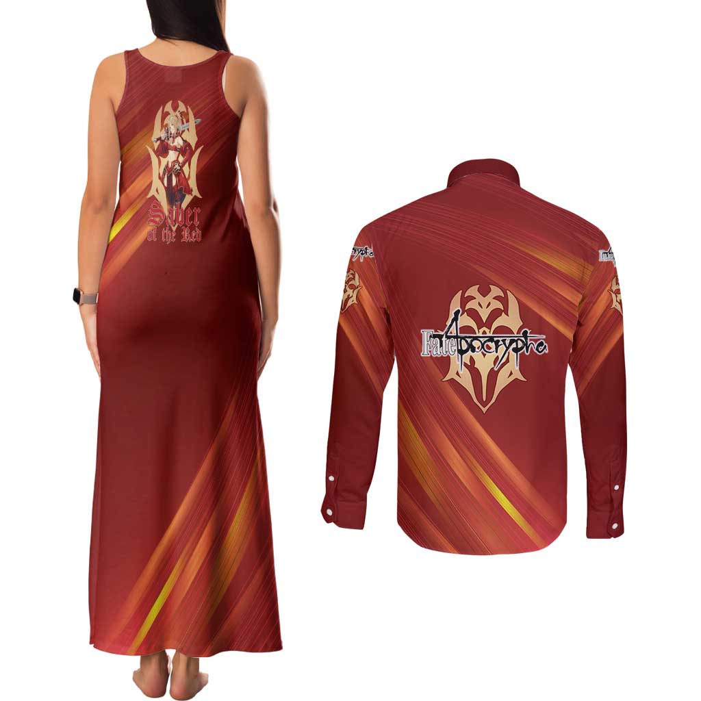 Saber of Red Fate Apocrypha Theme Couples Matching Tank Maxi Dress and Long Sleeve Button Shirt with Sword Pose and Fiery Red Gradient Graphic Design - The Mazicc