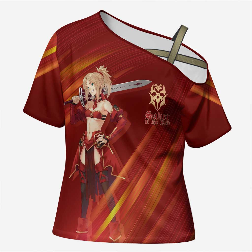 Saber of Red Fate Apocrypha Theme Cross Shoulder Shirt with Sword Pose and Fiery Red Gradient Graphic Design - The Mazicc