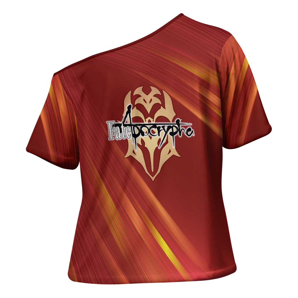 Saber of Red Fate Apocrypha Theme Cross Shoulder Shirt with Sword Pose and Fiery Red Gradient Graphic Design - The Mazicc