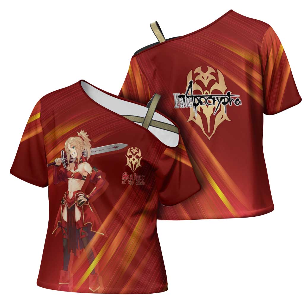 Saber of Red Fate Apocrypha Theme Cross Shoulder Shirt with Sword Pose and Fiery Red Gradient Graphic Design - The Mazicc