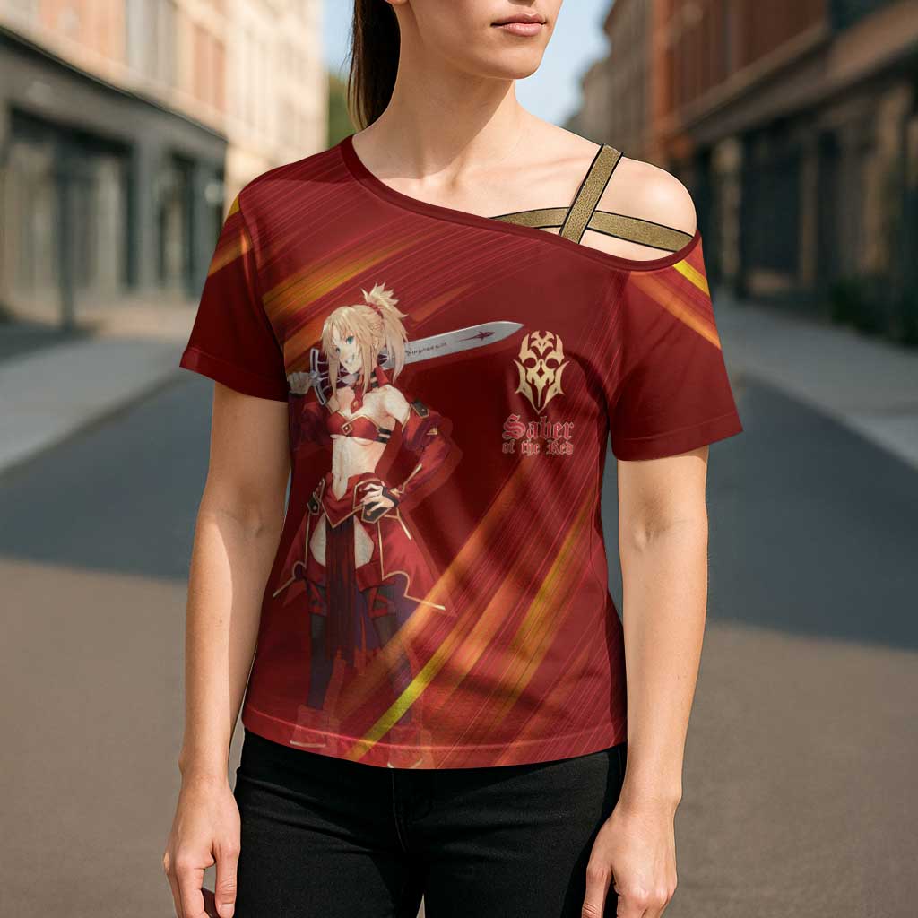 Saber of Red Fate Apocrypha Theme Cross Shoulder Shirt with Sword Pose and Fiery Red Gradient Graphic Design - The Mazicc