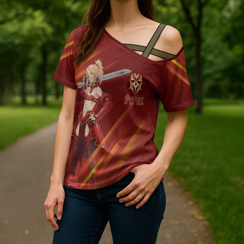 Saber of Red Fate Apocrypha Theme Cross Shoulder Shirt with Sword Pose and Fiery Red Gradient Graphic Design - The Mazicc