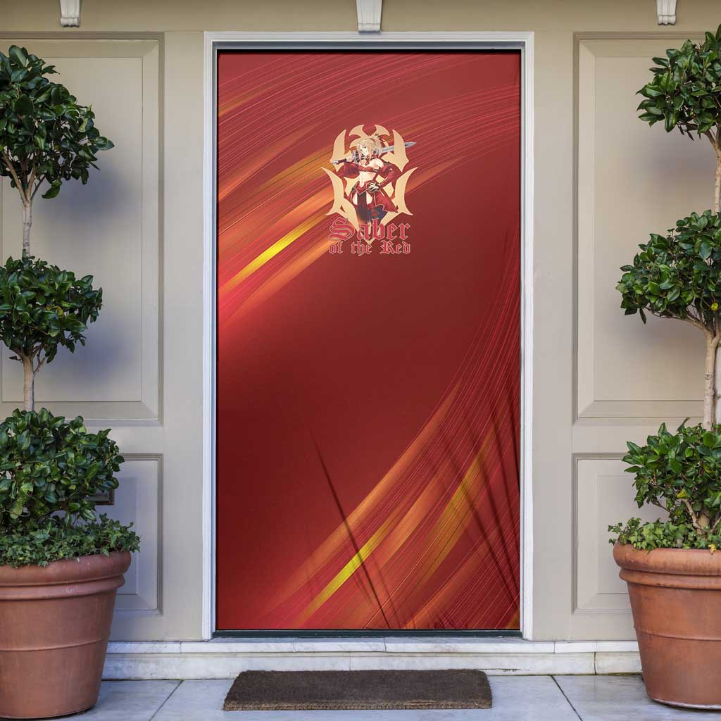 Saber of Red Fate Apocrypha Theme Door Cover with Sword Pose and Fiery Red Gradient Graphic Design - The Mazicc