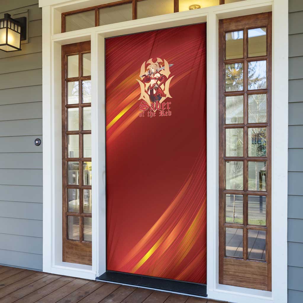 Saber of Red Fate Apocrypha Theme Door Cover with Sword Pose and Fiery Red Gradient Graphic Design - The Mazicc