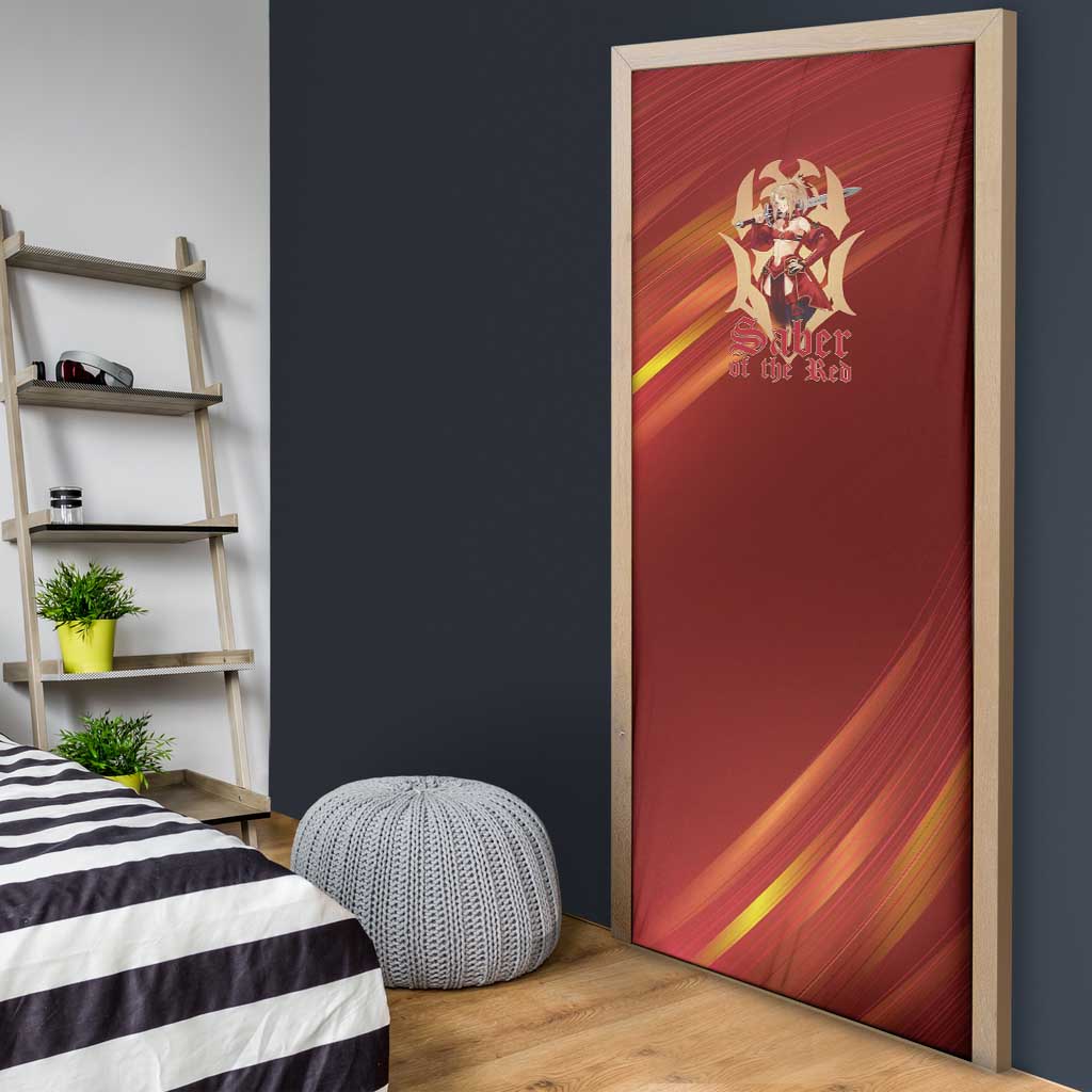 Saber of Red Fate Apocrypha Theme Door Cover with Sword Pose and Fiery Red Gradient Graphic Design - The Mazicc