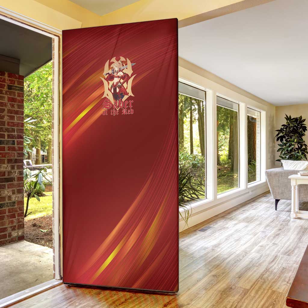 Saber of Red Fate Apocrypha Theme Door Cover with Sword Pose and Fiery Red Gradient Graphic Design - The Mazicc