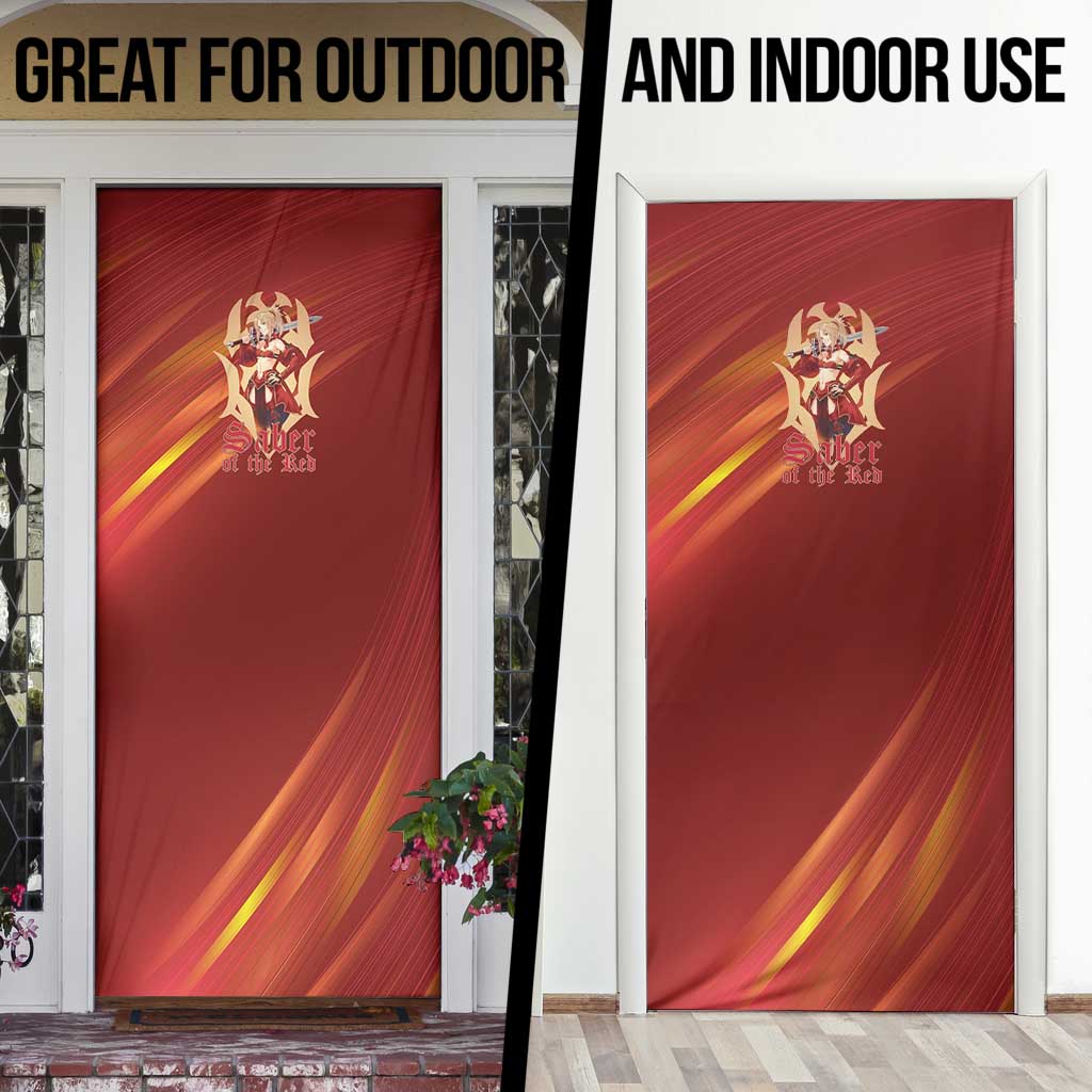 Saber of Red Fate Apocrypha Theme Door Cover with Sword Pose and Fiery Red Gradient Graphic Design - The Mazicc
