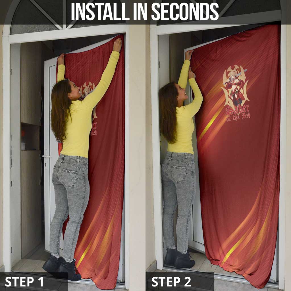 Saber of Red Fate Apocrypha Theme Door Cover with Sword Pose and Fiery Red Gradient Graphic Design - The Mazicc