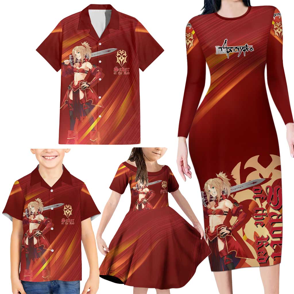 Saber of Red Fate Apocrypha Theme Family Matching Long Sleeve Bodycon Dress and Hawaiian Shirt with Sword Pose and Fiery Red Gradient Graphic Design